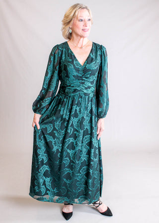 Maggy London V Neck Dress with 3/4 Puff Sleeves and Ruche Waist Front View - Fashion Crossroads Inc