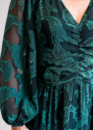 Maggy London V Neck Dress with 3/4 Puff Sleeves and Ruche Waist Detail View - Fashion Crossroads Inc