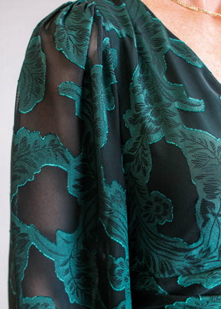 Maggy London V Neck Dress with 3/4 Puff Sleeves and Ruche Waist Detail View - Fashion Crossroads Inc