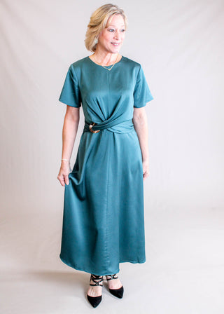 Maggy London Short Sleeve Dress with Draped Waist Front View - Fashion Crossroads Inc