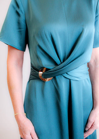 Maggy London Short Sleeve Dress with Draped Waist Detail View- Fashion Crossroads Inc