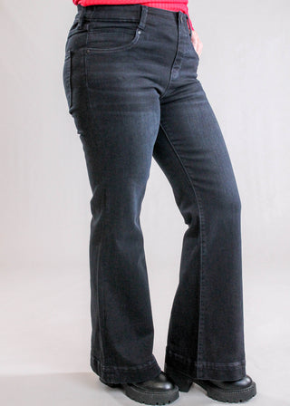 Liverpool Gia Flare Jean Washed Black Denim side view - Fashion Crossroads Inc.