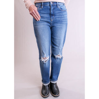 Cello High Rise Straight Leg Distressed Jeans front view - Fashion Crossroads Inc