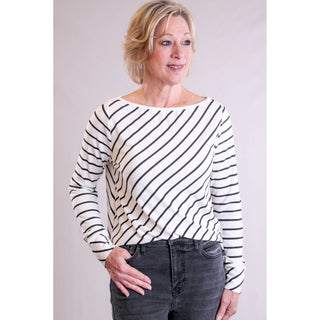 Staccato Boat Neck Top with Long Sleeves model view - Fashion Crossroads Inc