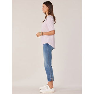 Democracy Elbow Sleeve Top with Embroidered Stitch Trim - Fashion Crossroads Inc