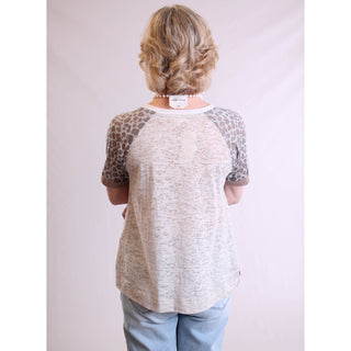 Mystree Burnout Tee with Leopard Print Sleeves - Fashion Crossroads Inc