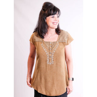 Nostalgia Short Sleeve Top with Lace Inset - Fashion Crossroads Inc