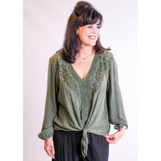 Nostalgia Tie Front Top with Lace Inset - Fashion Crossroads Inc