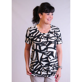 Tribal Short Sleeve Crew Neck Top with Buttons - Fashion Crossroads Inc