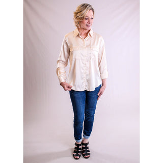Satin Rollup Sleeve Blouse - Fashion Crossroads Inc