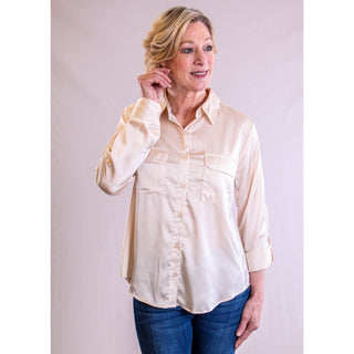 Satin Rollup Sleeve Blouse - Fashion Crossroads Inc