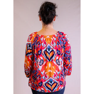 Tribal 3/4 Sleeve Peasant Top with Buttons Back View - Fashion Crossroads Inc