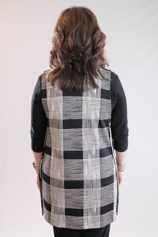 Sympli Cloud Long City Vest with Print in Black and Ecru Plaid