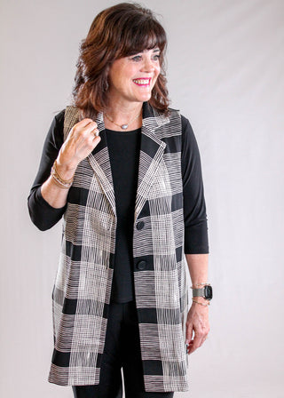 Sympli Cloud Long City Vest with Print in Black and Ecru Plaid