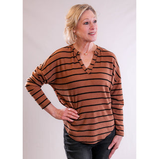 Blu Pepper Long Sleeve Top with Stripes front view - Fashion Crossroads Inc