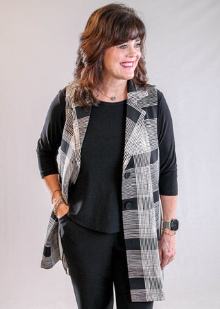 Sympli Cloud Long City Vest with Print in Black and Ecru Plaid