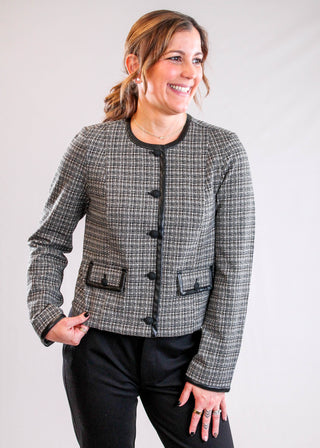 Liverpool Collarless Lady Jacket with Faux Leather Trim