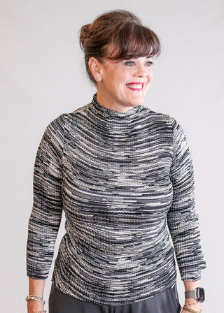 Sympli Long Sleeve Plisse Mock Neck Top with Print