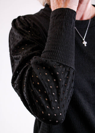 Staccato Crew Neck Top with Eyelet Sleeves detail view - Fashion Crossroads Inc