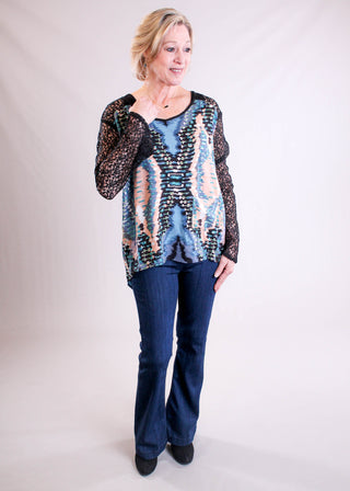 Lola P. Print Top with Lace Sleeves model view - Fashion Crossroads Inc