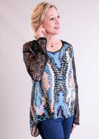 Lola P. Print Top with Lace Sleeves front view - Fashion Crossroads Inc