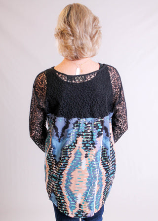 Lola P. Print Top with Lace Sleeves back view - Fashion Crossroads Inc