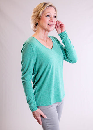 Staccato V Neck Slub Top side view - Fashion Crossroads Inc