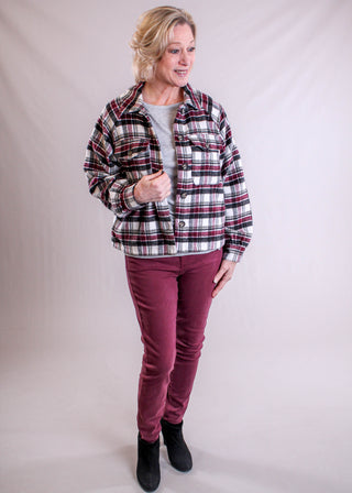 YMI Short Plaid Shacket model view - Fashion Crossroads Inc