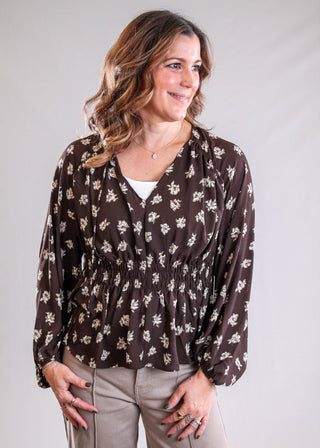 Dex Floral Blouson Sleeve Smocked Blouse Front View - Fashion Crossroads Inc
