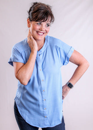 Blu Pepper Short Sleeve Button Down Top front view - Fashion Crossroads Inc.