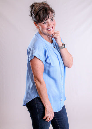 Blu Pepper Short Sleeve Button Down Top side view - Fashion Crossroads Inc.