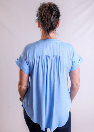 Blu Pepper Short Sleeve Button Down Top back view - Fashion Crossroads Inc.