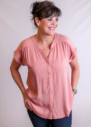 Blu Pepper Short Sleeve Button Down Top peach  view - Fashion Crossroads Inc.