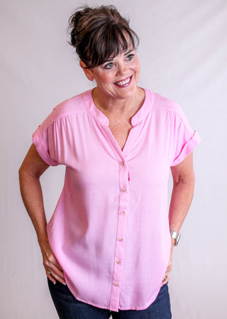 Blu Pepper Short Sleeve Button Down Top pink view - Fashion Crossroads Inc.