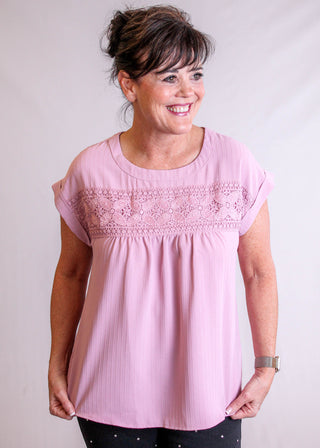 Blu Pepper Top with Eyelet Lace and Back Buttons pink  view - Fashion Crossroads Inc.