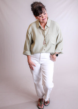 The Workshop Textured Button Down Shirt with Long Sleeves modeled view - Fashion Crossroads Inc.