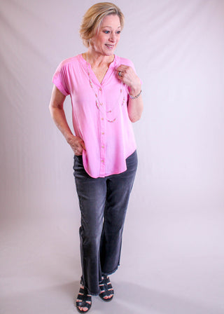 Blu Pepper Short Sleeve Button Down Top pink view - Fashion Crossroads Inc.