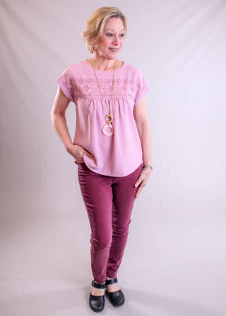 Blu Pepper Top with Eyelet Lace and Back Buttons pink  view - Fashion Crossroads Inc.