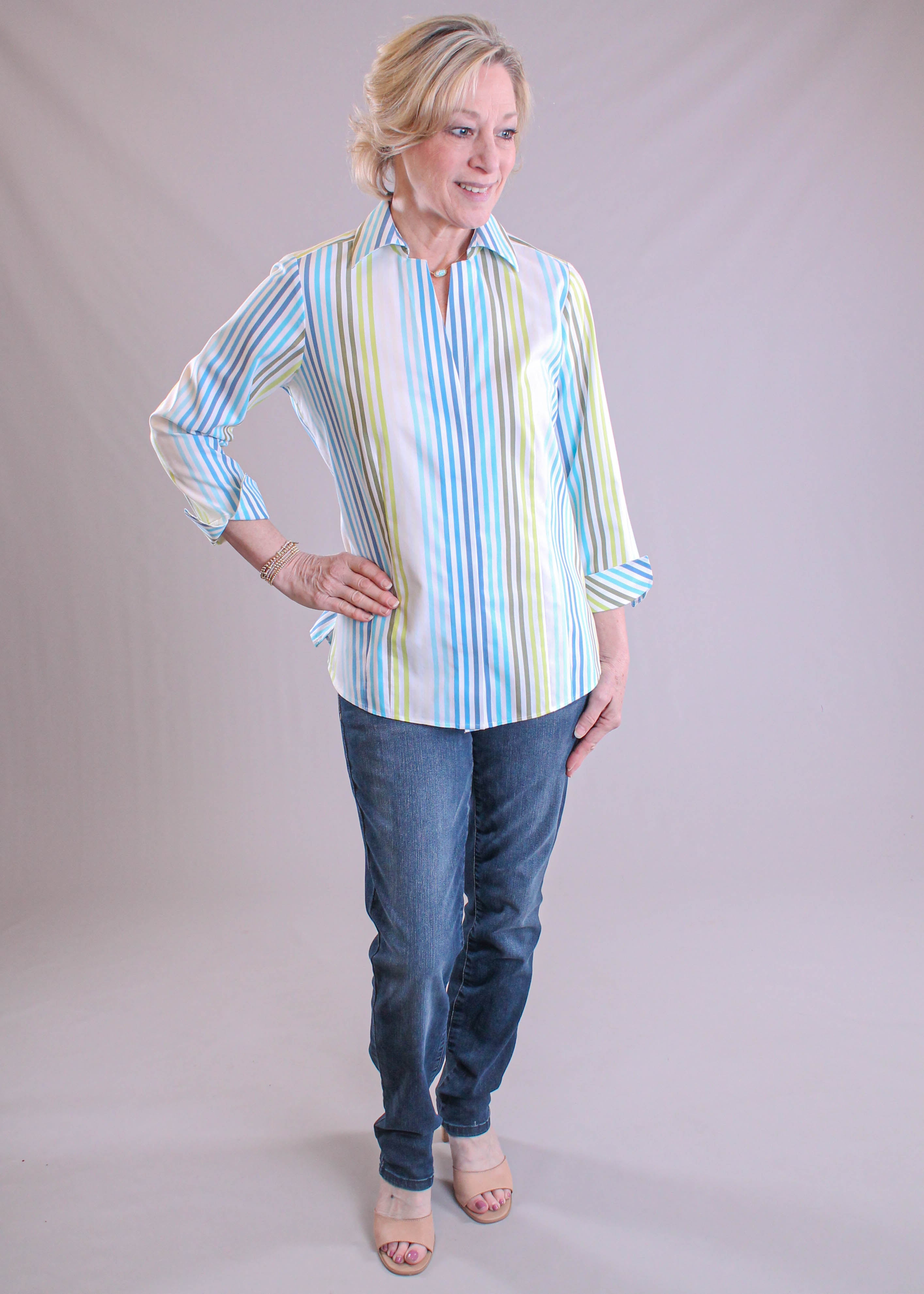 Foxcroft Taylor 3/4 Sleeve Striped Blouse
