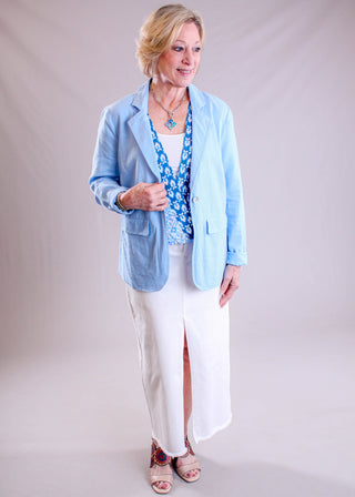 Liverpool Denim Maxi Skirt with Front Slit model view - Fashion Crossroads Inc