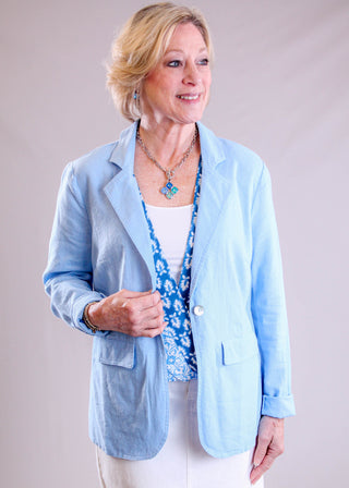 Charlie B Long Sleeve Linen Jacket with Welt Pockets front view - Fashion Crossroads Inc.