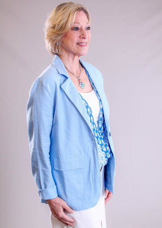Charlie B Long Sleeve Linen Jacket with Welt Pockets side view - Fashion Crossroads Inc.
