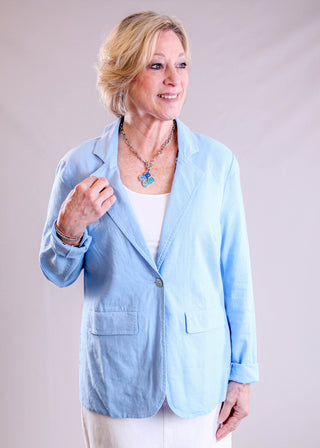 Charlie B Long Sleeve Linen Jacket with Welt Pockets buttoned view - Fashion Crossroads Inc.