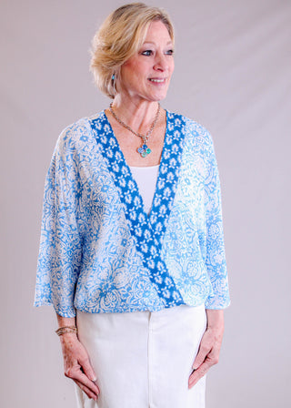 Charlie B 3/4 Sleeve Printed Blouse with Cross Front hands down view - Fashion Crossroads Inc.