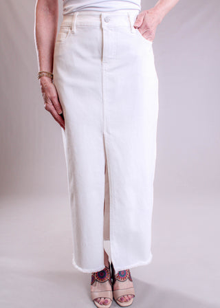 Liverpool Denim Maxi Skirt with Front Slit front view - Fashion Crossroads Inc