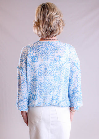 Charlie B 3/4 Sleeve Printed Blouse with Cross Front back view - Fashion Crossroads Inc.