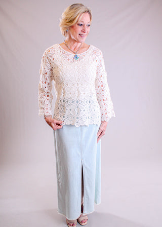 Charlie B Long Sleeve Crochet Top with Flower Design modeled view - Fashion Crossroads Inc.
