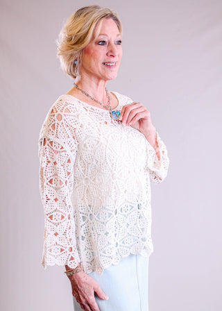 Charlie B Long Sleeve Crochet Top with Flower Design side view - Fashion Crossroads Inc.