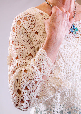 Charlie B Long Sleeve Crochet Top with Flower Design shoulder view - Fashion Crossroads Inc.