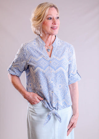 Charlie B Embroidered Eyelet Top with Tie Front front view - Fashion Crossroads Inc.
